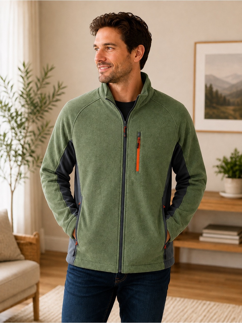 NWT Kirkland Signature Olive Green and Gray Softshell Jacket with Orange Accents
